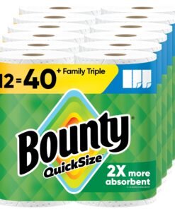 Bounty Quick-Size Paper Towels. White. 12 Family Triple Rolls = 40 Regular Rolls