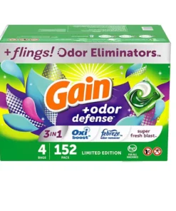 Gain Flings! Liquid Laundry Detergent Pacs + Odor Defense. Super Fresh Blast Scent (152 ct.)