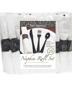Party Essentials Napkin Roll Bag Set with Black Cutlery (4 - 25 ct. packs. 100 total)